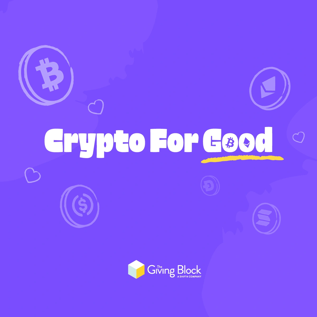 Crypto for Good | Campaign Identity by Jaime Sosa Crypto for Good visual identity designed by Jaime Sosa, featuring expressive white lettering, a yellow accent, and crypto graphics on a purple background.