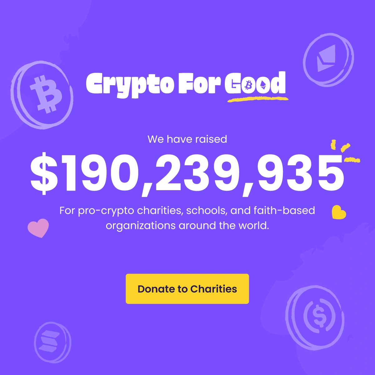 Crypto for Good | Fundraising Update by Jaime Sosa Crypto for Good fundraising update designed by Jaime Sosa, with prominent white numerals, purple campaign graphics, and a yellow call to action.