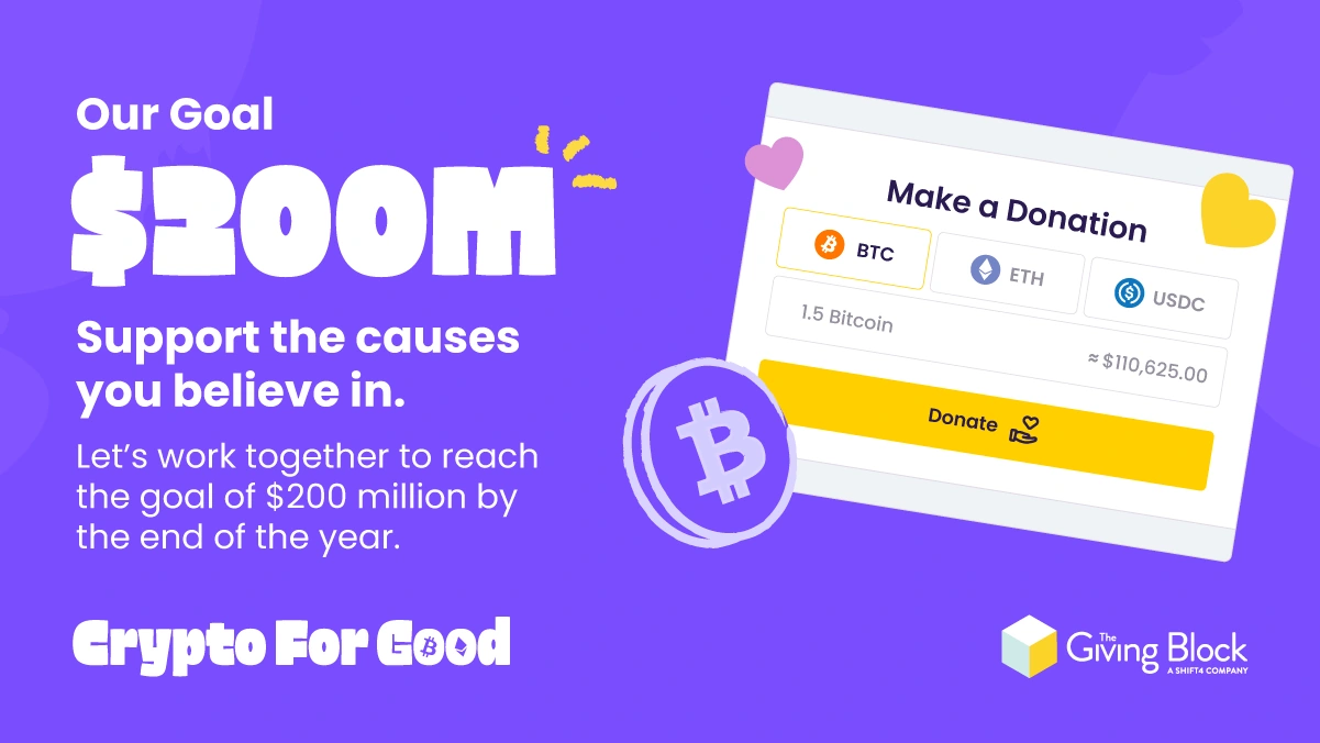 Crypto for Good | Landscape Goal Design by Jaime Sosa Landscape campaign goal graphic designed by Jaime Sosa for Crypto for Good, balancing large typography with a donation interface and yellow accents.