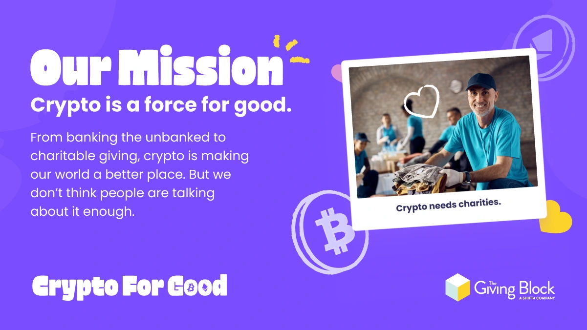 Crypto for Good | Landscape Mission Design by Jaime Sosa Landscape mission graphic designed by Jaime Sosa for Crypto for Good, adapting the campaign typography, photography, and purple visual system for social channels.
