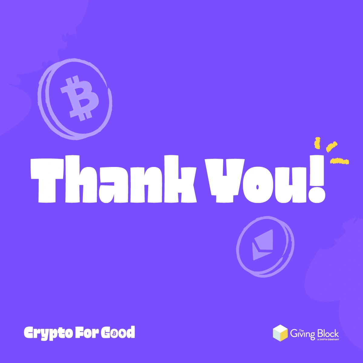 Crypto for Good | Supporter Recognition by Jaime Sosa Crypto for Good supporter recognition graphic designed by Jaime Sosa, with oversized white thank-you lettering and subtle crypto illustrations on purple.